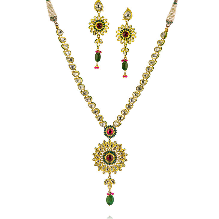  Handmade 22K Gold Polki Diamond Necklace & Earrings Set