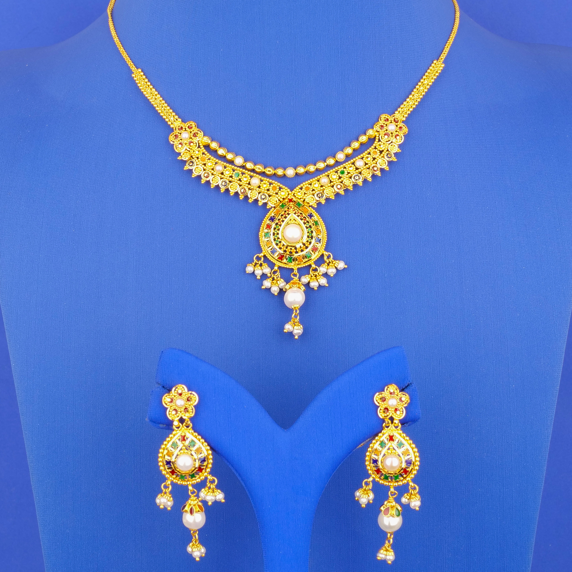 22K Minakari Pearl and Gold Necklace and Earring Set
