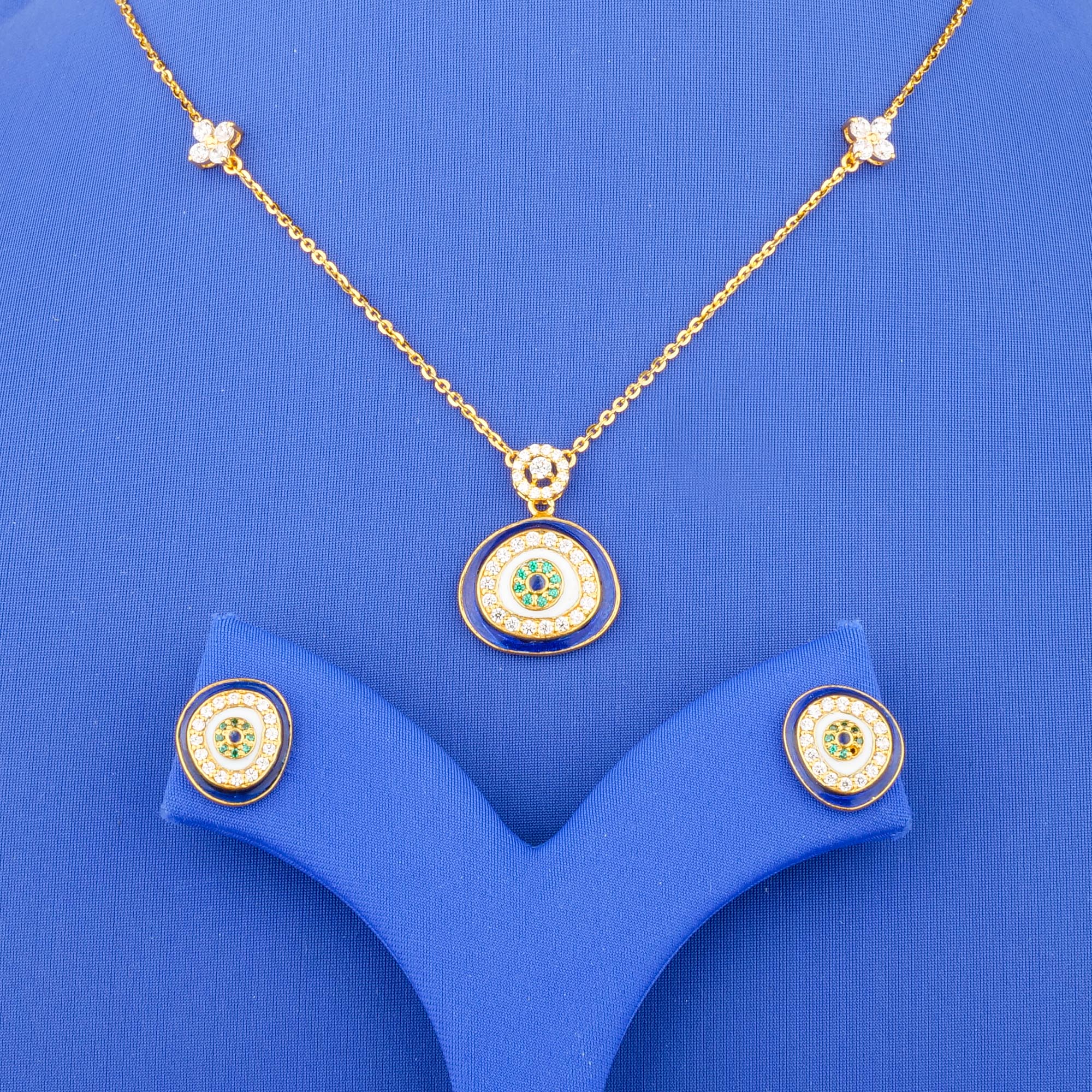 22K 'Evil Eye' Gold Enamel Cubic Zirconia/Colored Stone Necklace and Earring Set