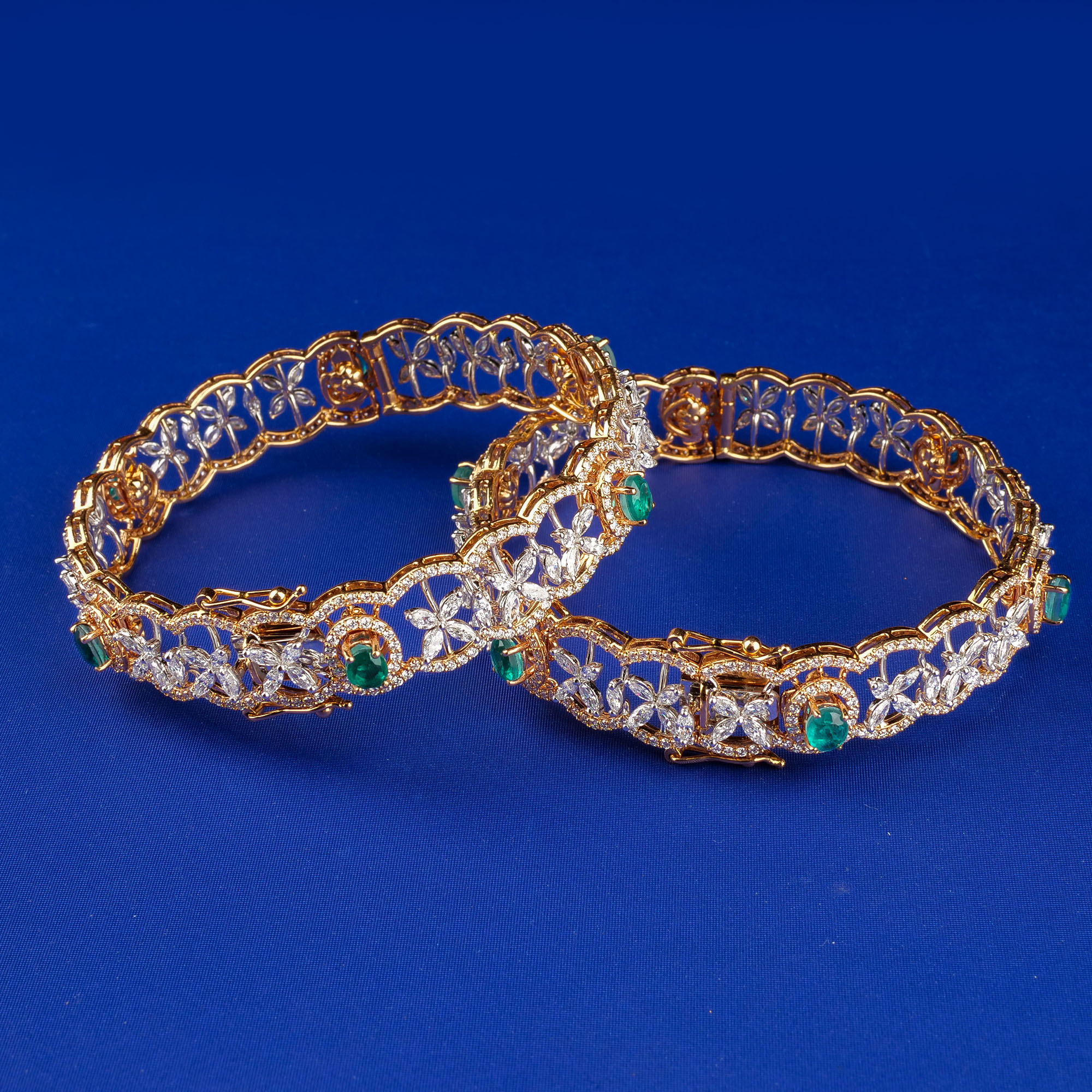 Enchanted Blossoms: Handmade 18K Rose Gold Diamond Bangles with Emerald Accents