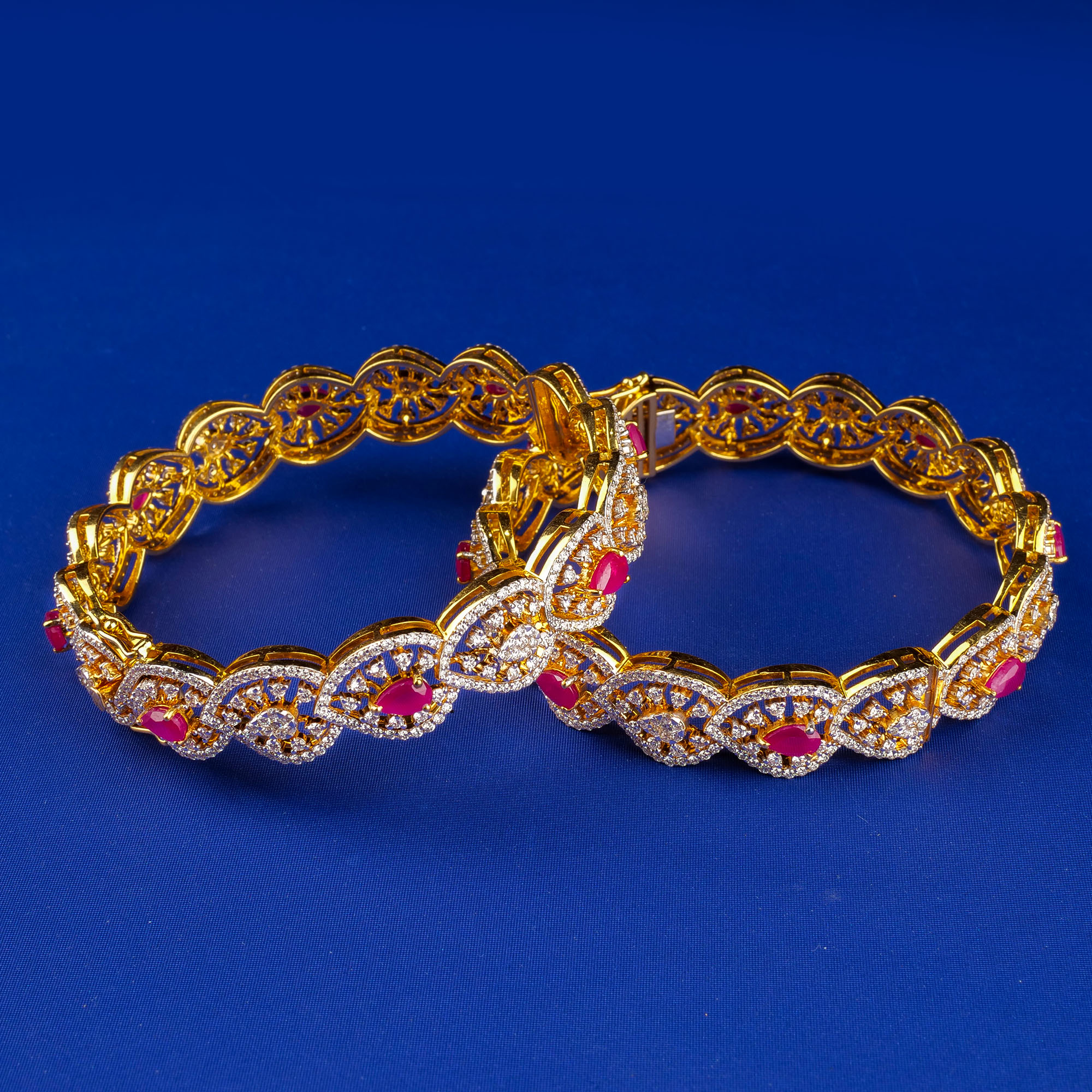 Radiant Splendor: Handmade 18K Yellow Gold Diamond and Ruby Bangles