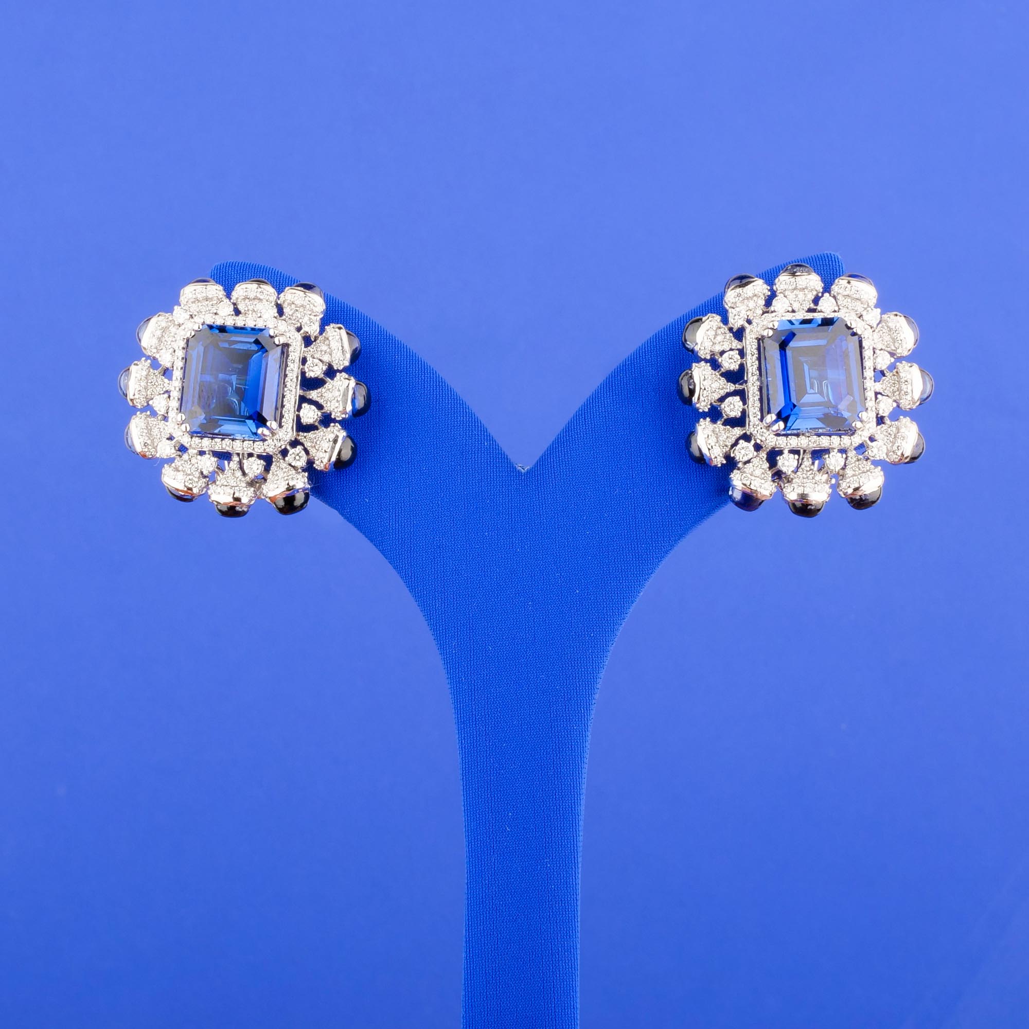 18K White Gold Diamond Earrings w/ Blue Stones