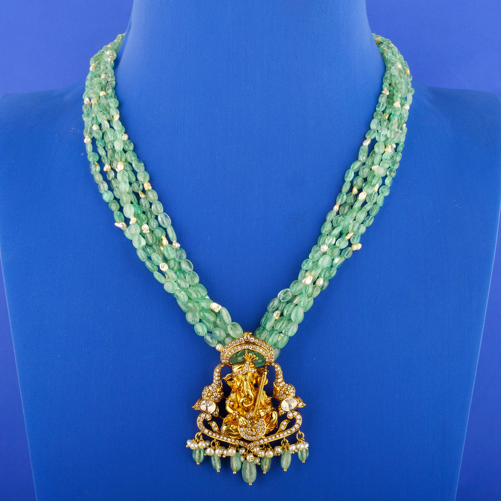 Polki Diamond 'Ganesha' Necklace w/ Emerald Beads