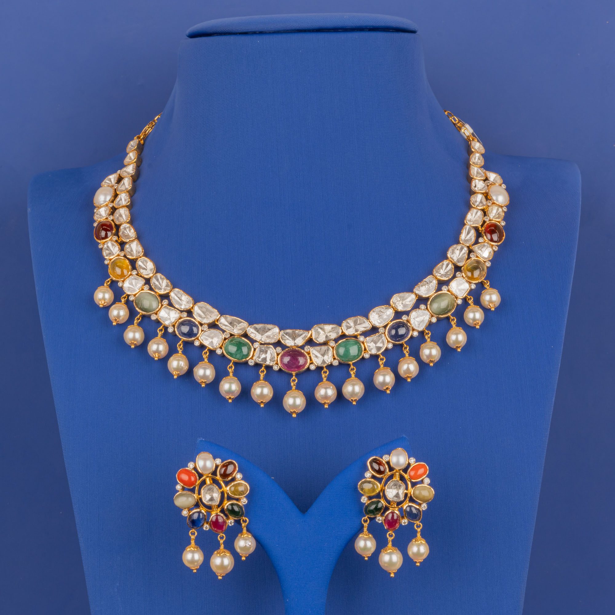 Ethereal Blossoms: 18K Gold Polki Diamond Navratna Set