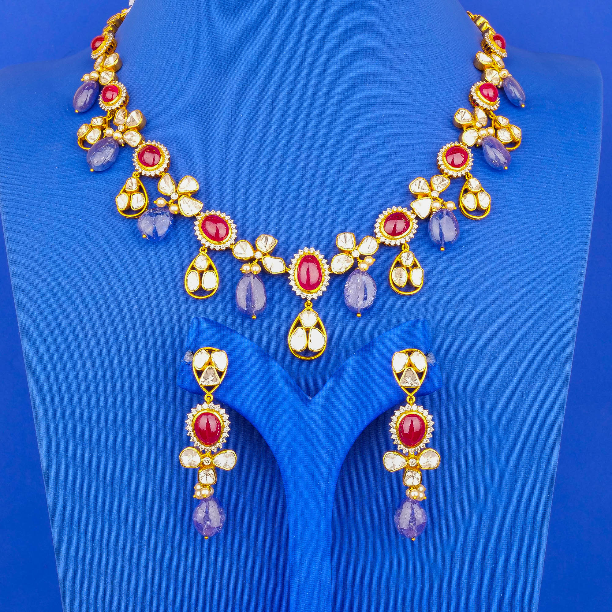 22K 'Antique' Polki Diamond Necklace and Earring Set w/ Gemstones