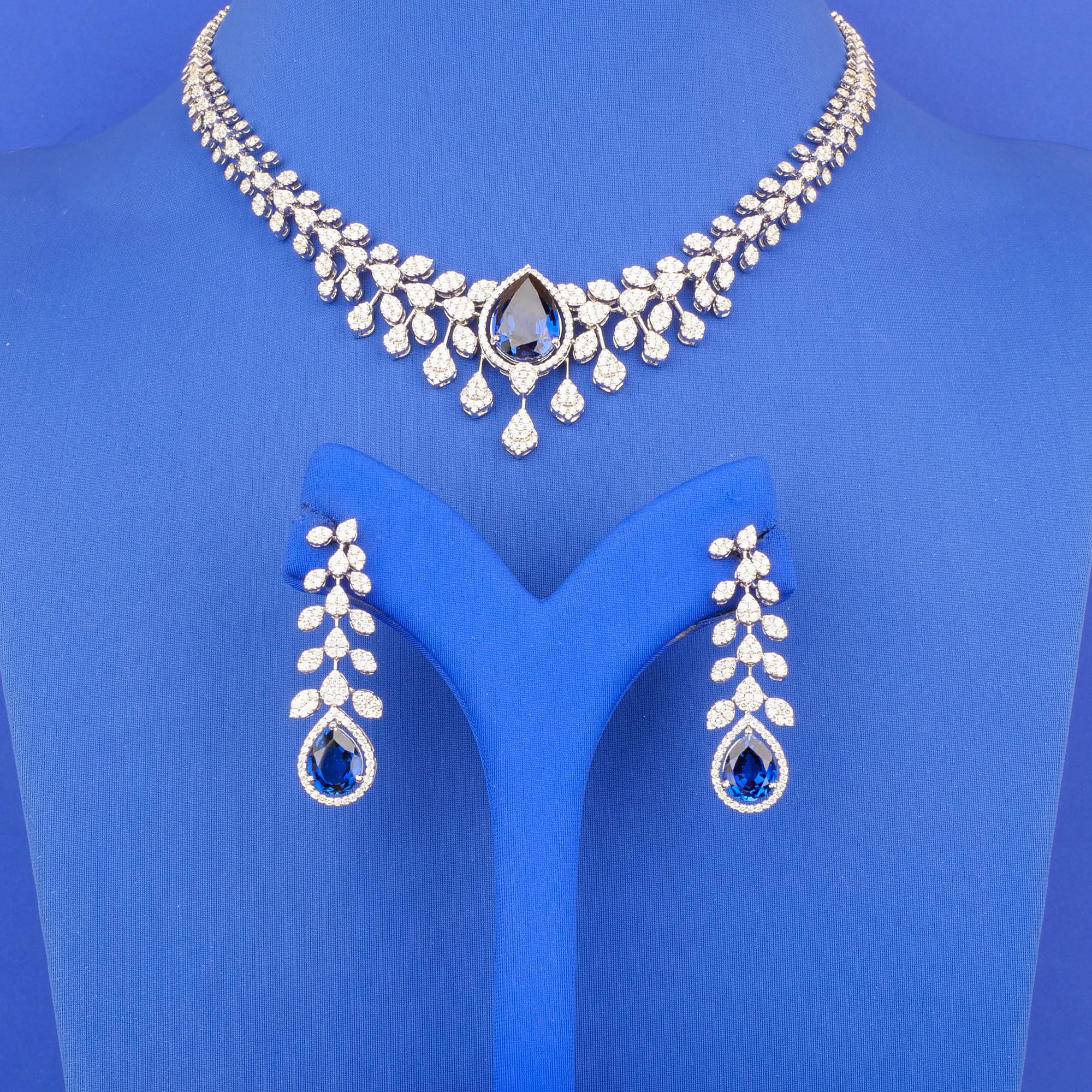 18K WG Diamond NE Set w/ Blue Stones