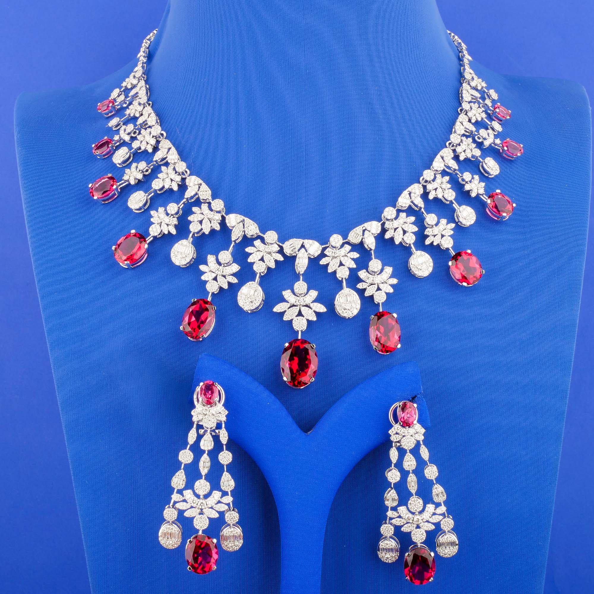 18K White Gold Diamond Necklace and Earring Set w/ Red Stones