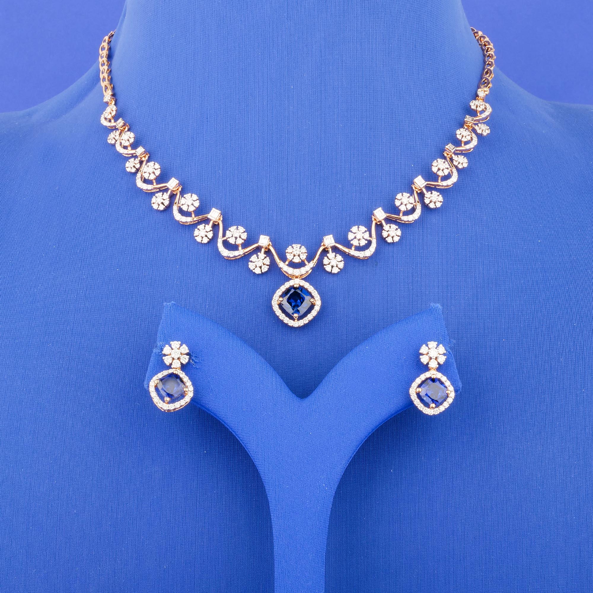 18K Rose Gold Diamond Necklace and Earring Set w/ Blue Stones (Cat. #21)