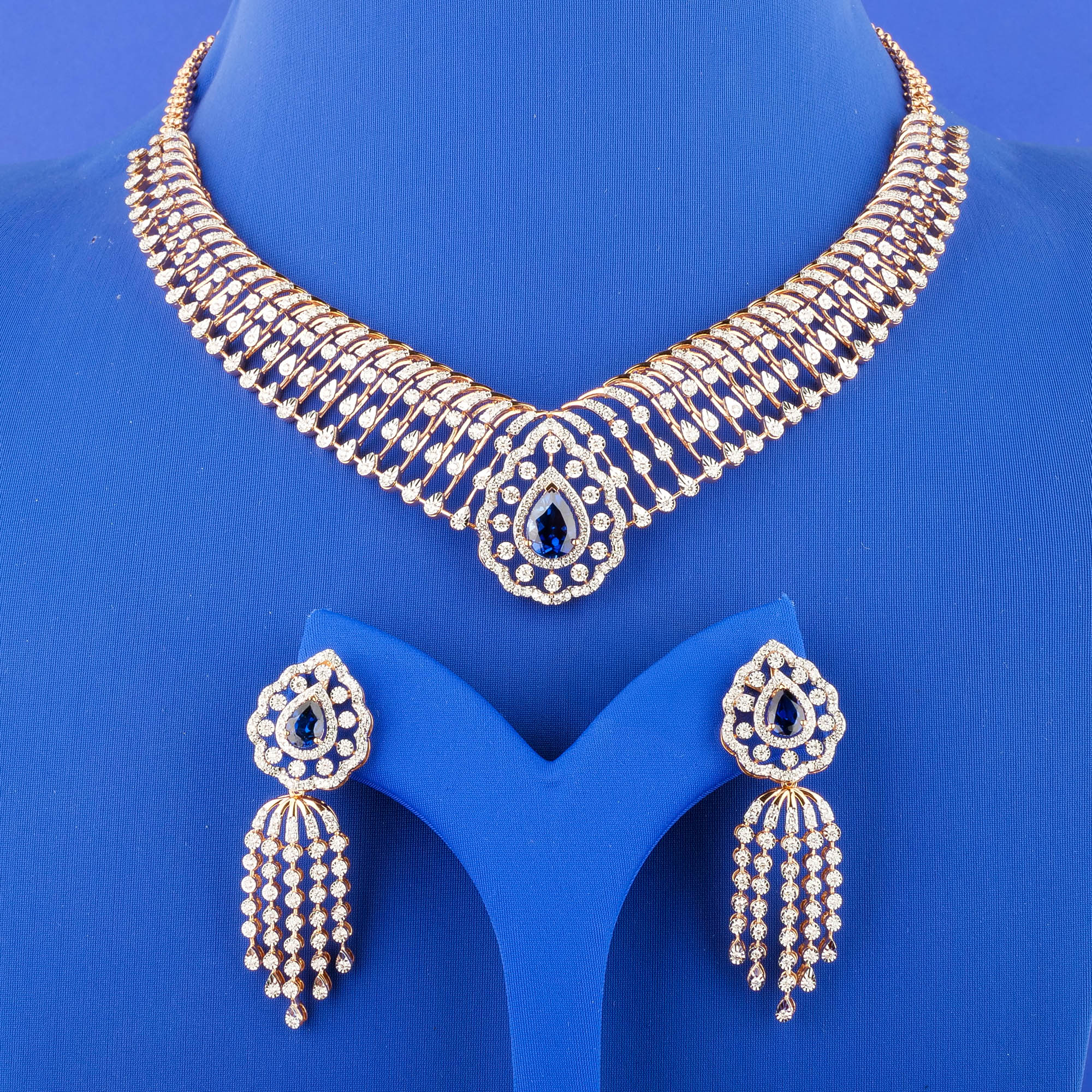 18K Rose Gold Diamond Necklace and Earrings Set w/ Blue Stones