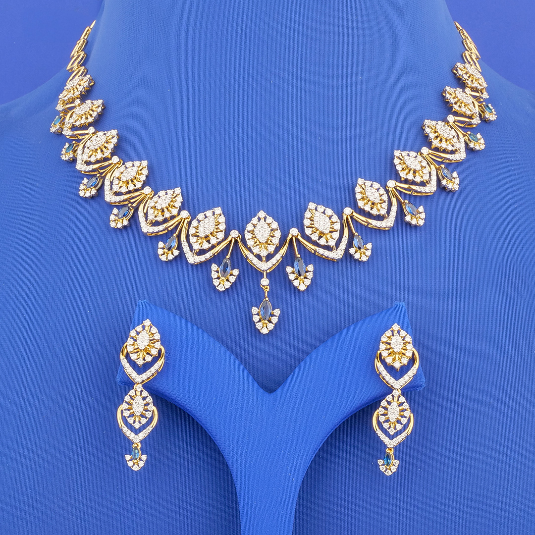 18K Yellow Gold Diamond Necklace and Earrings Set w/ Stones