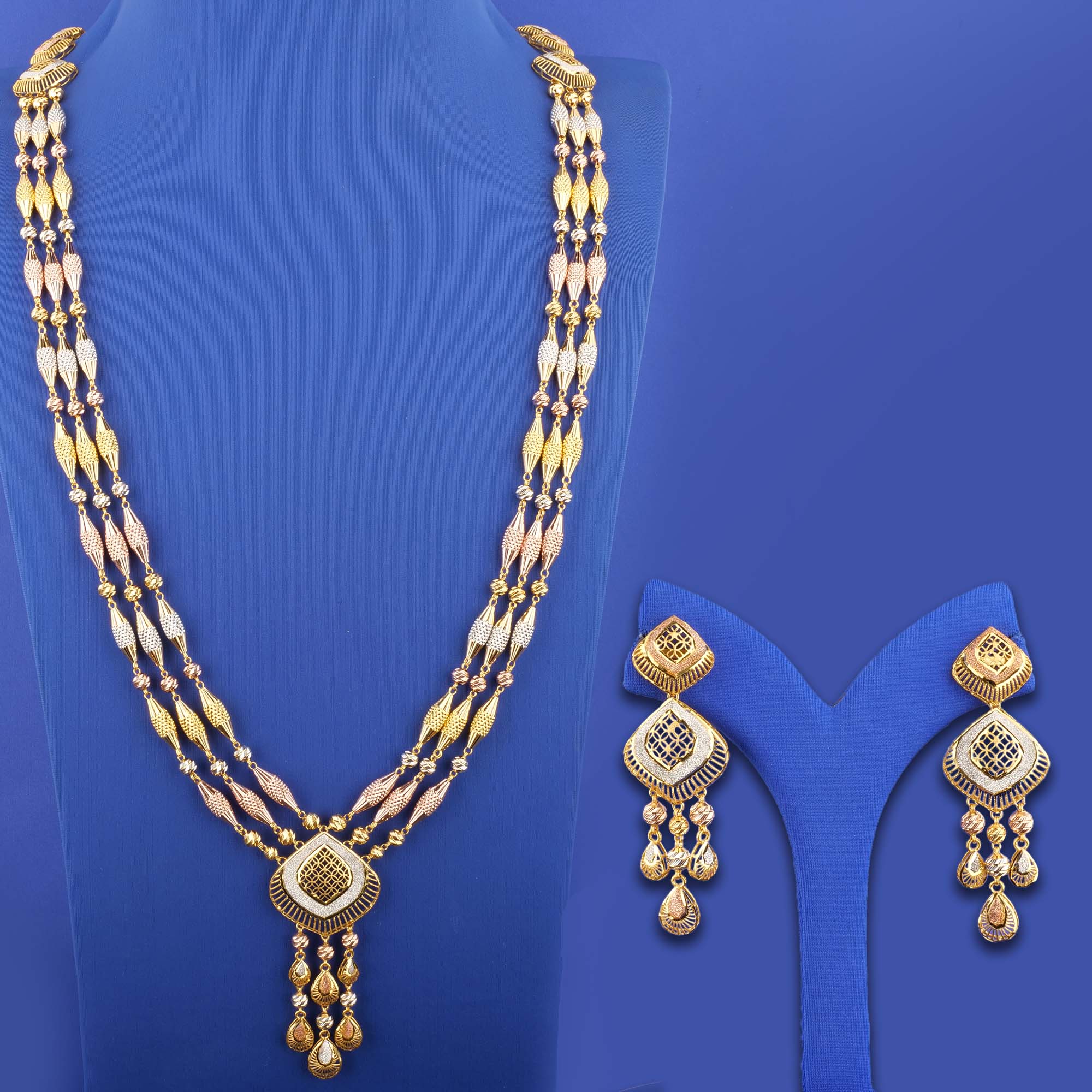 22K Tri-Color Gold Necklace and Earring Set