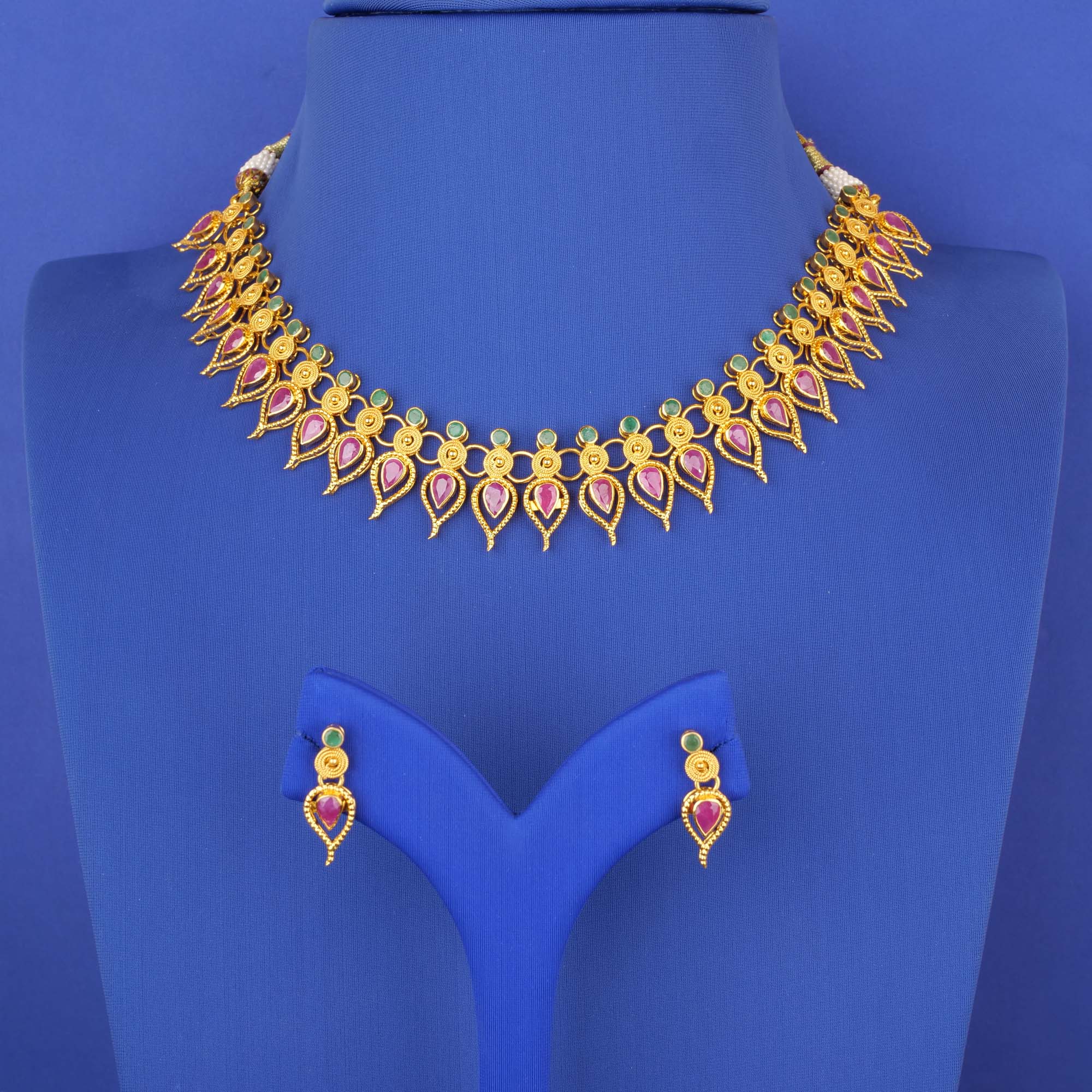 22K Gold Ruby Emerald  Necklace and Earring Set