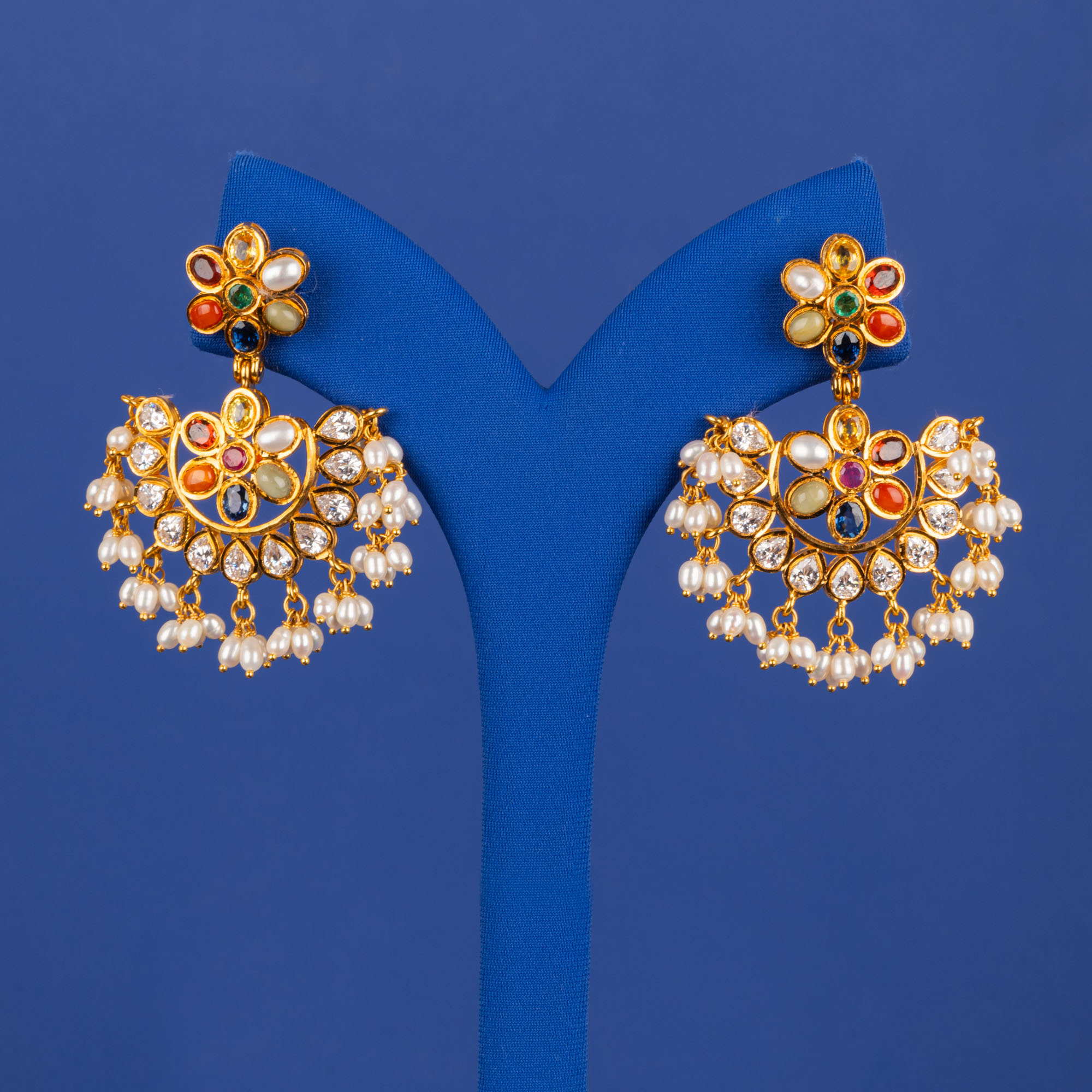 22K Gold and Navratna Stones Earrings