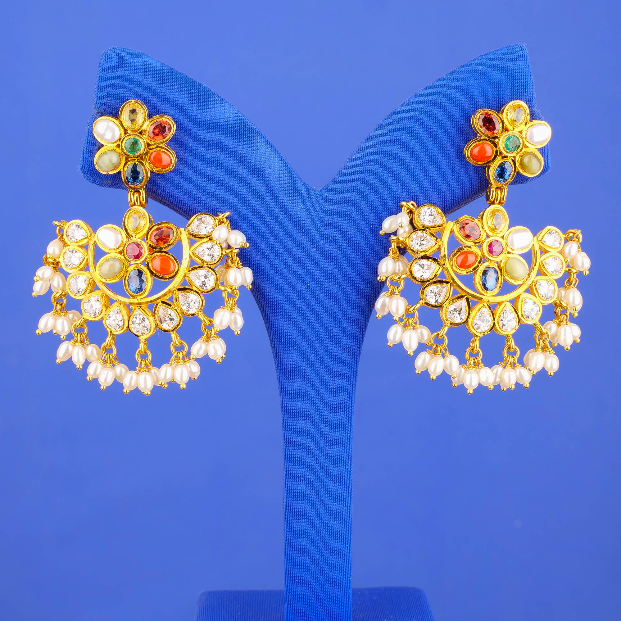 22K Gold and Navratna Stones Earrings