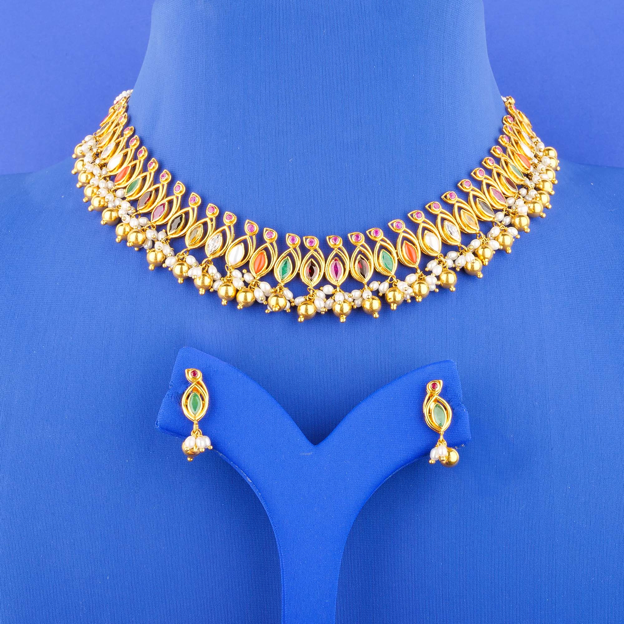 22K Gold Navratna Stones Necklace Earring Set