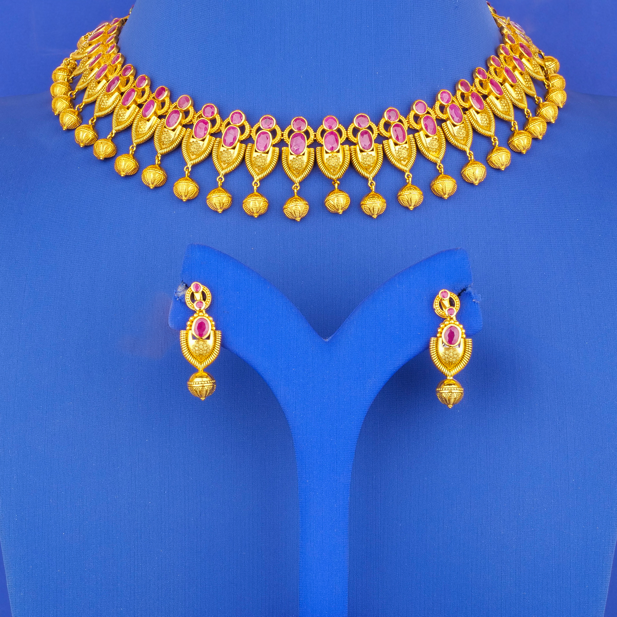 22K Gold Ruby Necklace Earring Set