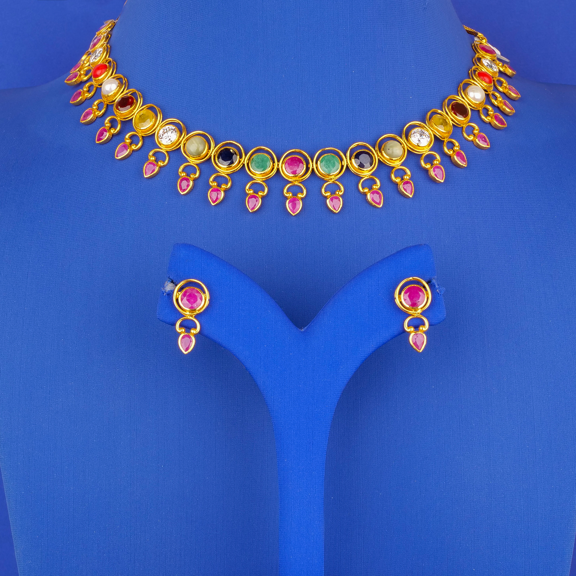 22K Gold Navratna Stones Necklace Earring Set