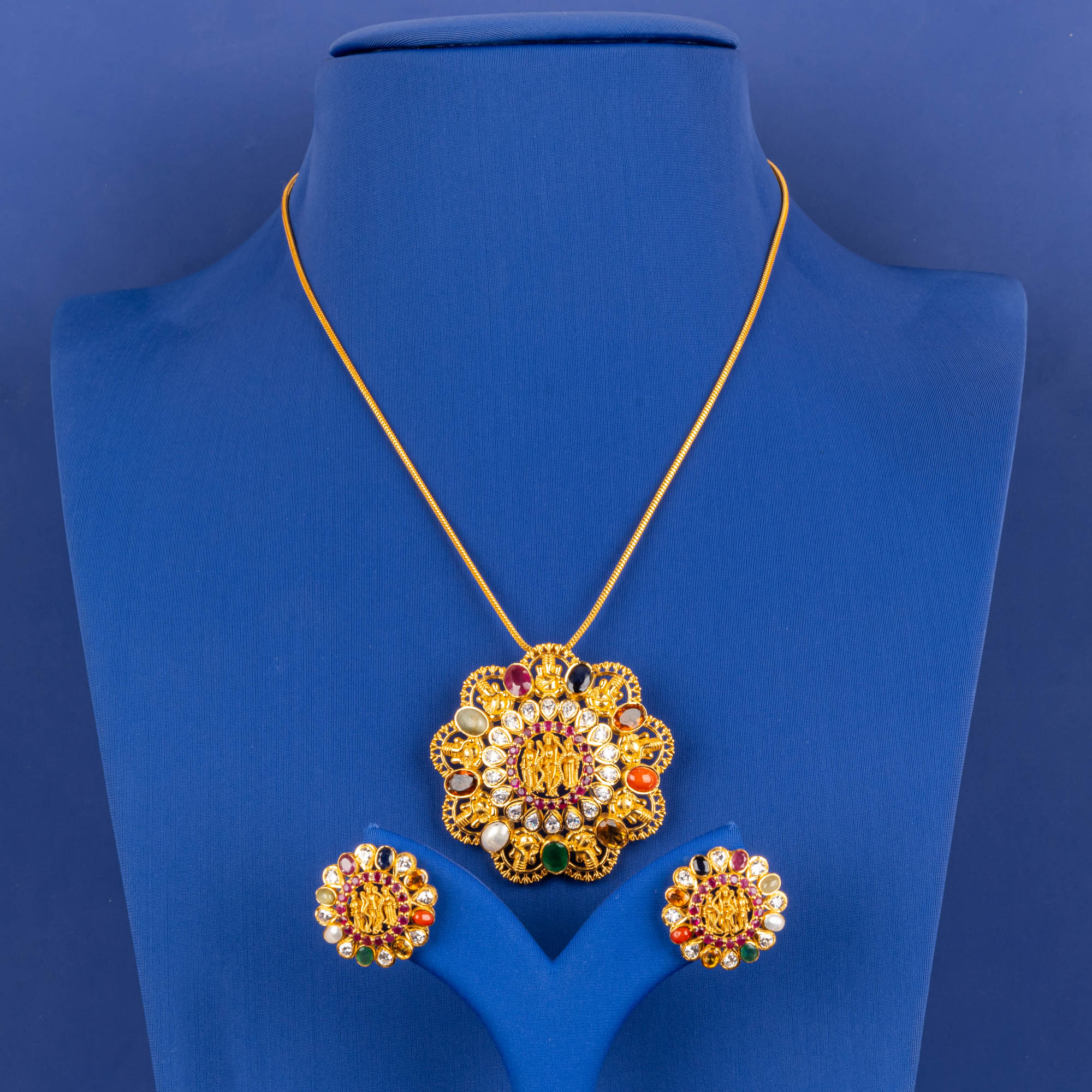 22K Gold 'Navaratna' Pendant Earring Set