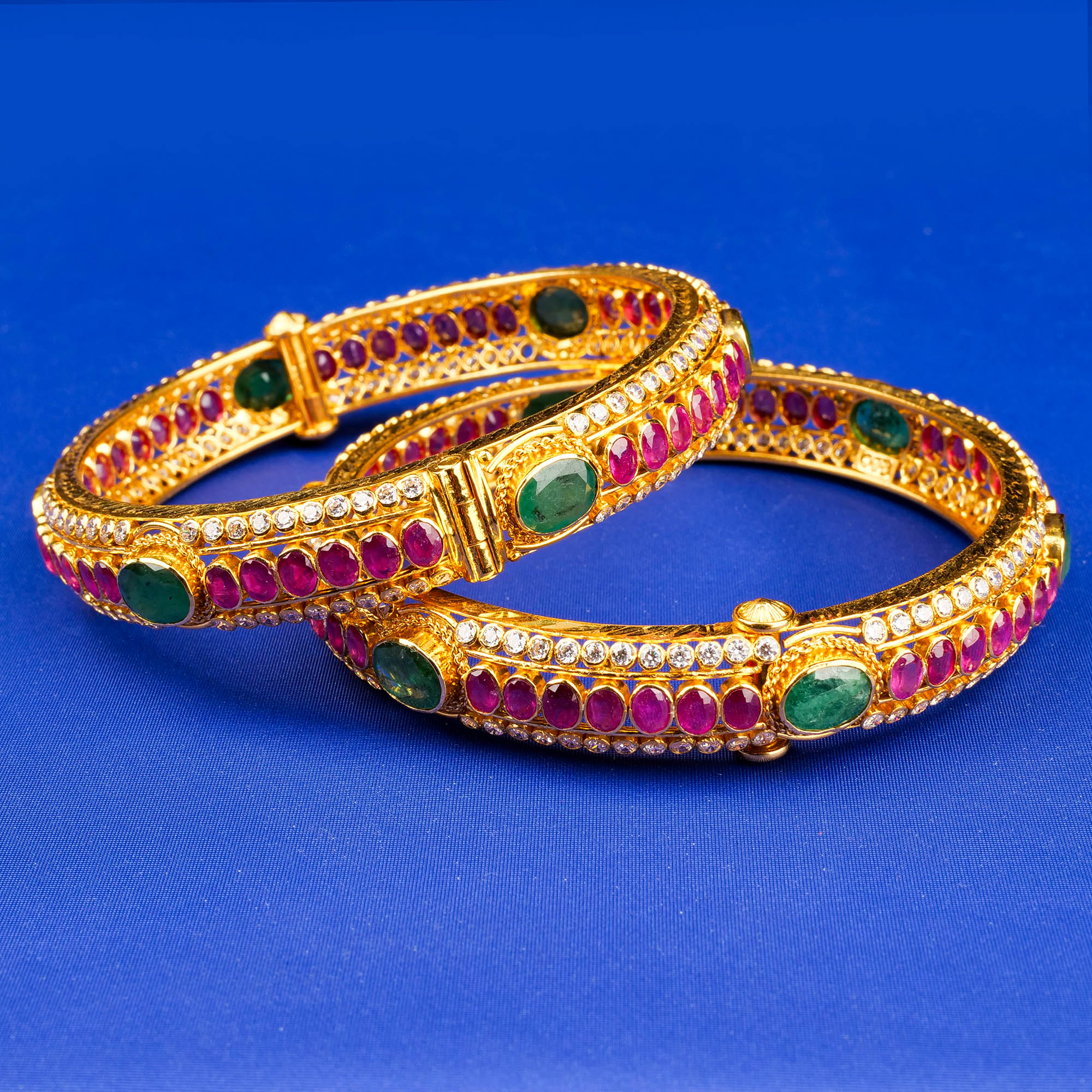 22K Gold Ruby Emerald CZ Bangle Pair