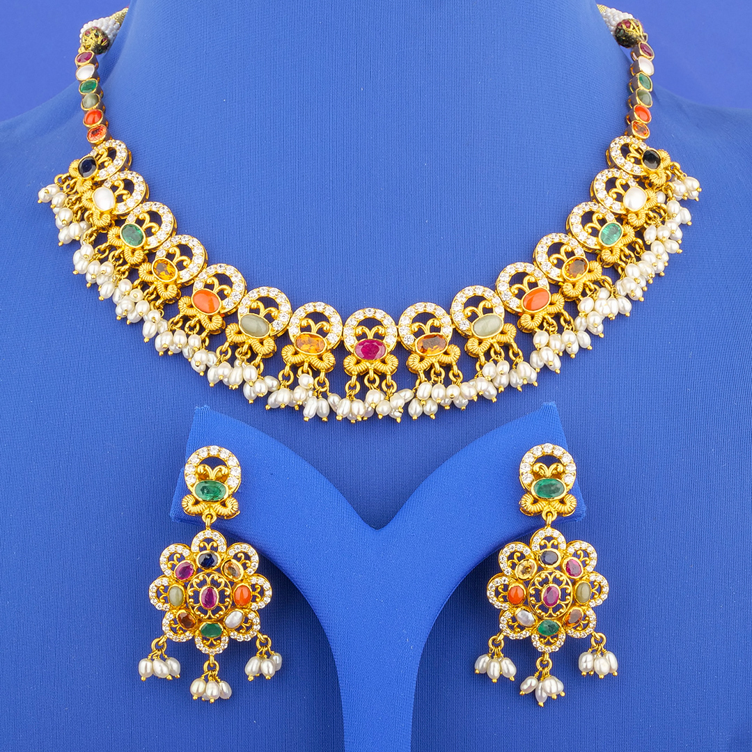 22K Gold Navratna Cubic Zirconia Pearl Necklace and Earring Set