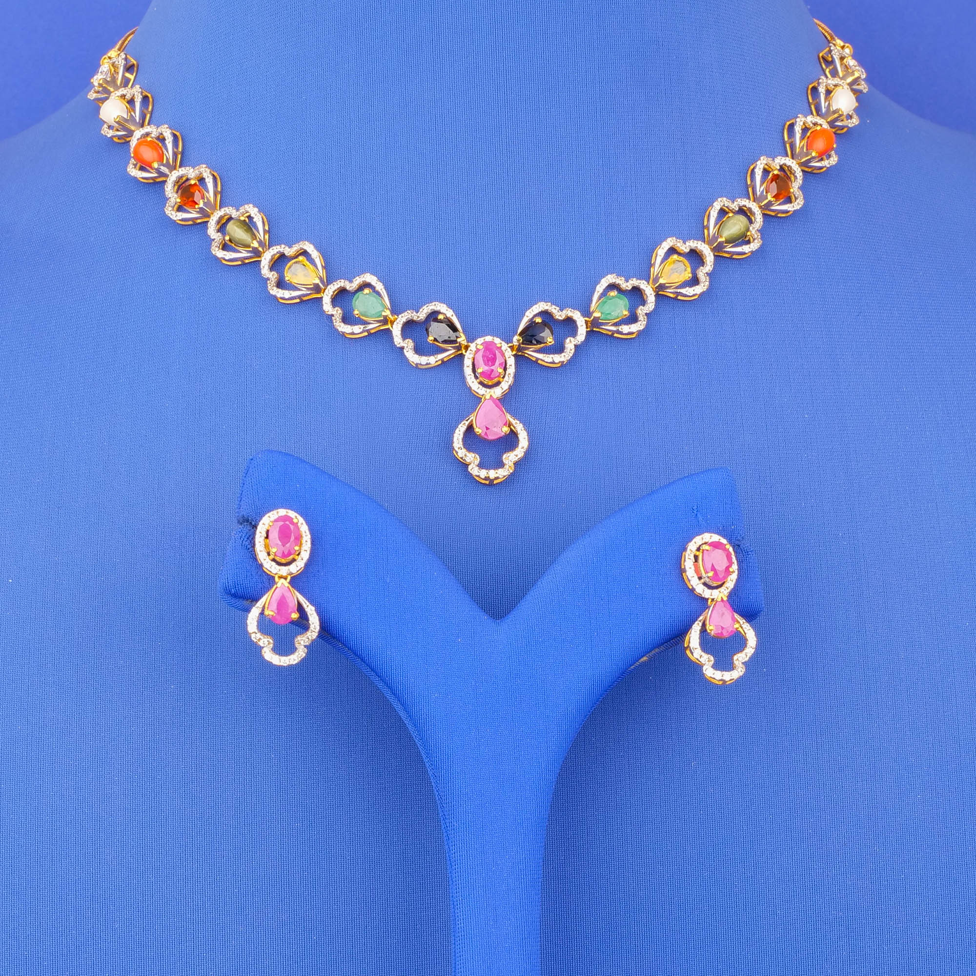 22K Gold Navratna Cubic Zirconia Necklace and Earring Set