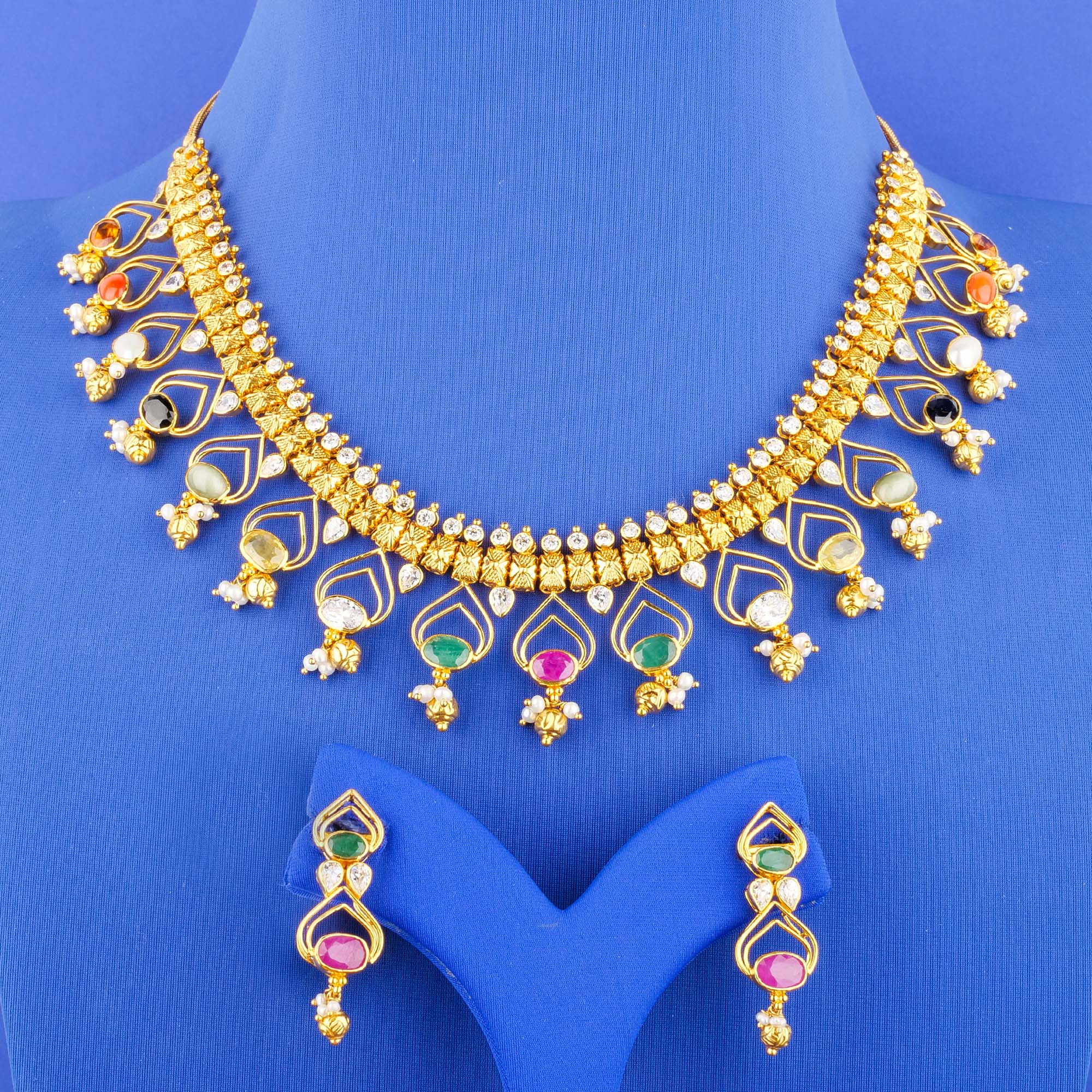 22K Gold Navratna South Sea Pearl Necklace and Earring Set