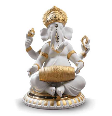 Mridangam Ganesha Figurine. Golden Lustre