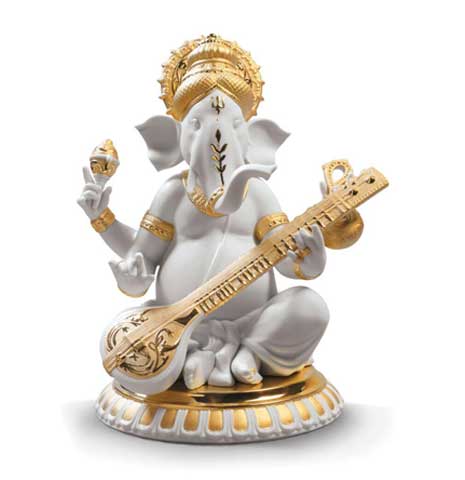 Veena Ganesha Figurine. Golden Lustre