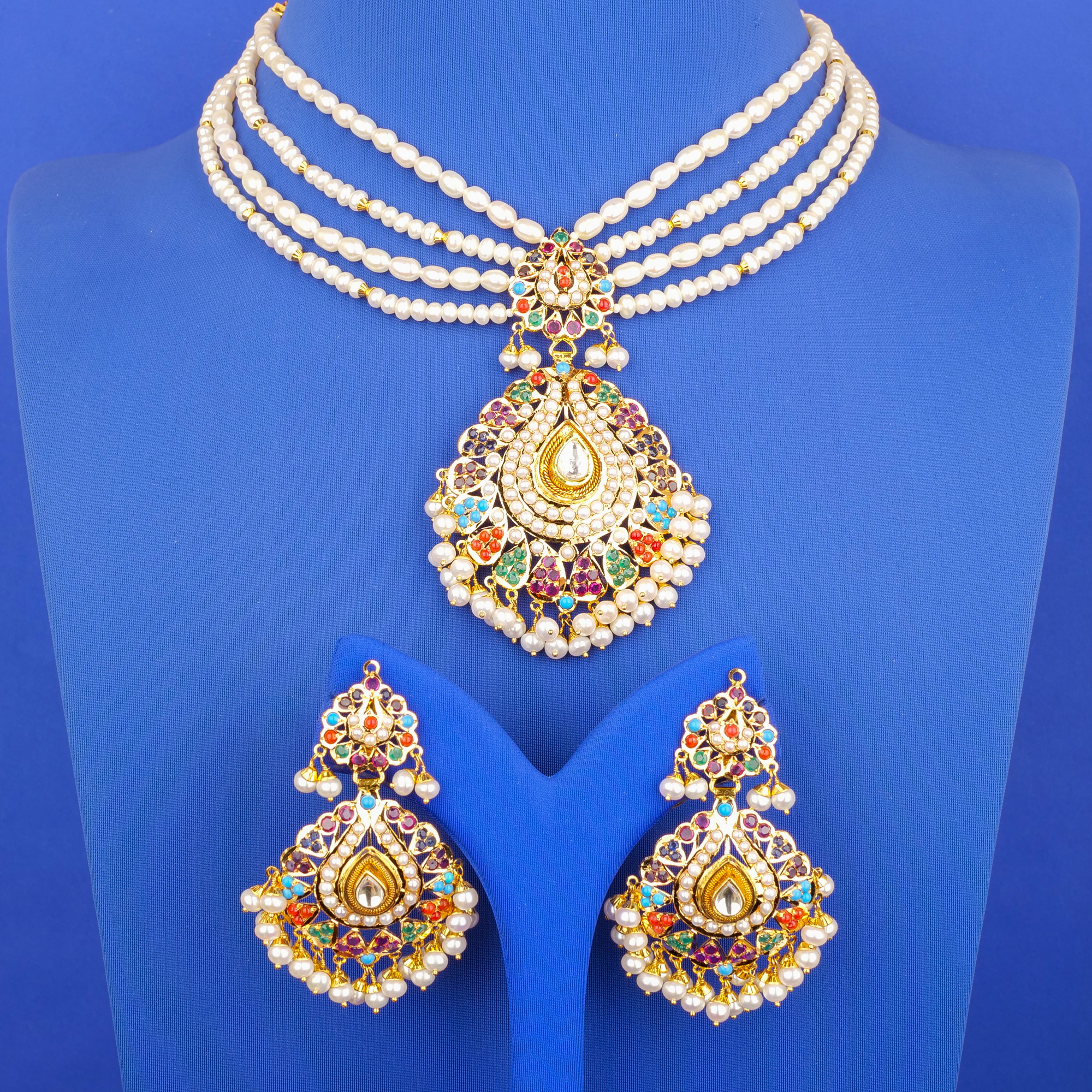 22K Pearl Navratna Necklace Earring Set