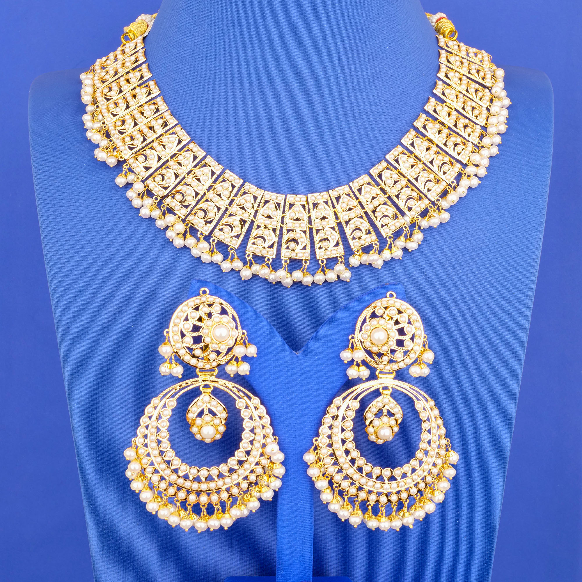 22K Gold Pearl Necklace Earring Set