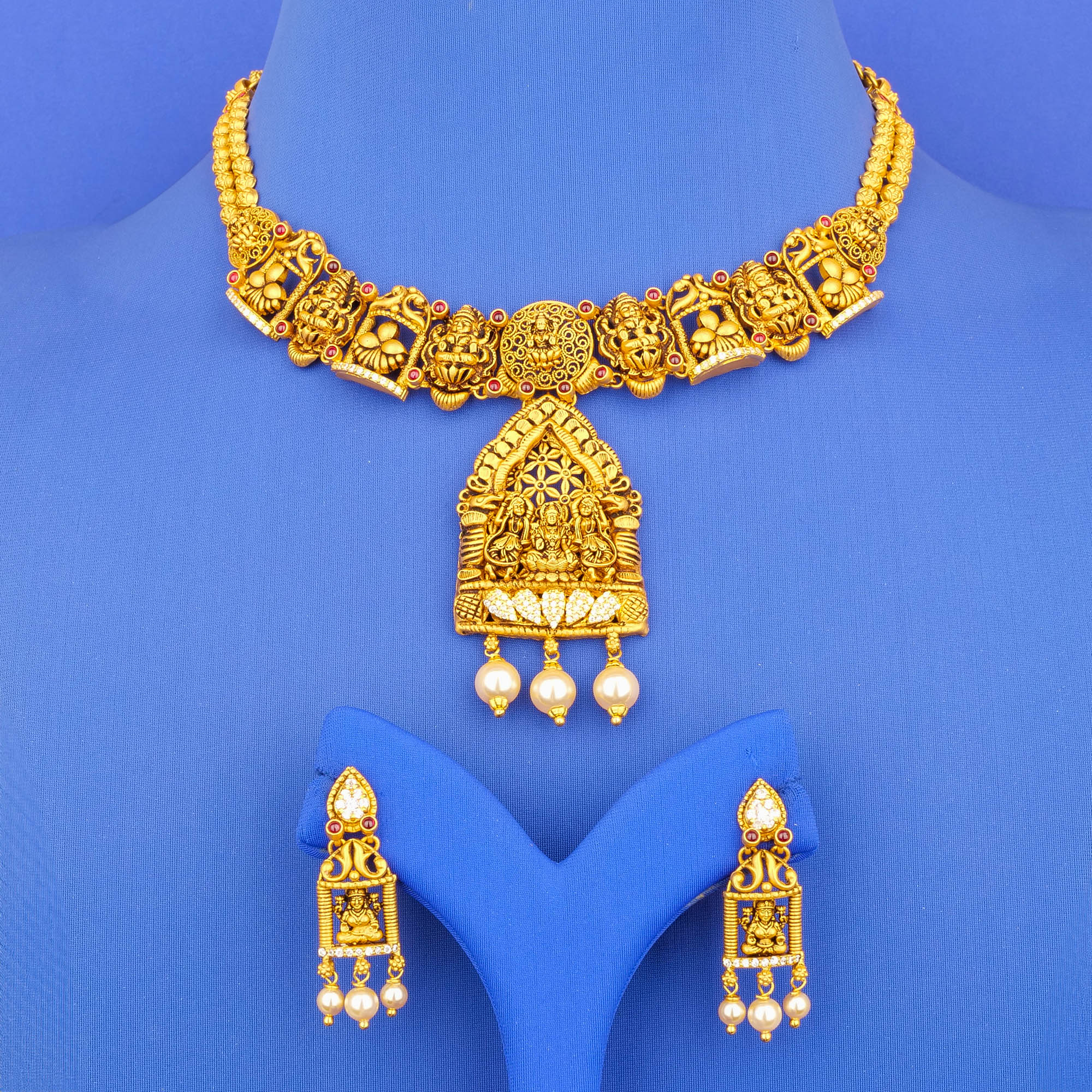 22K 'Antique' Cubic Zirconia Pearl Lakshmi Necklace Earring Set