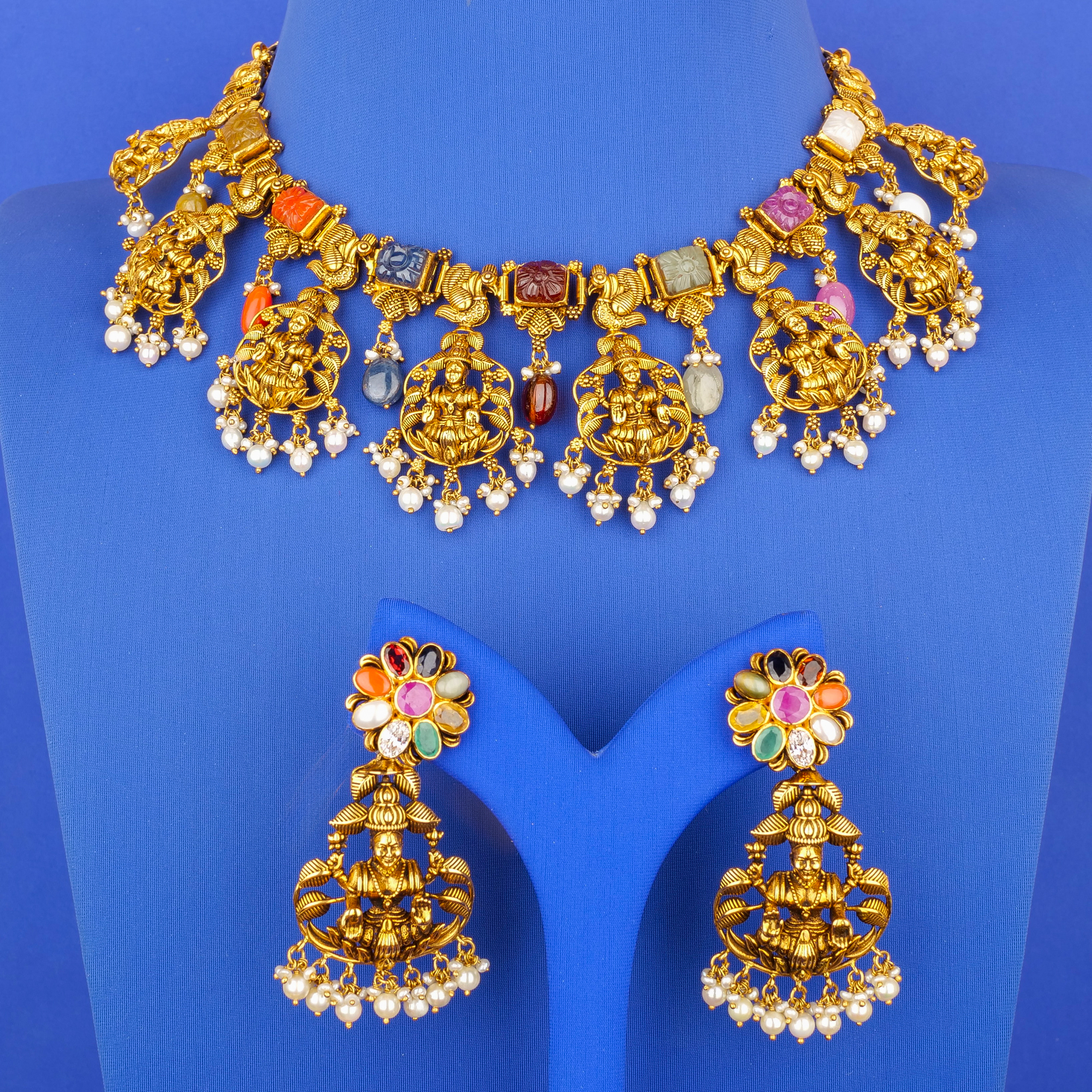 22K 'Antique' Navratna SSP/Pearl NE Set