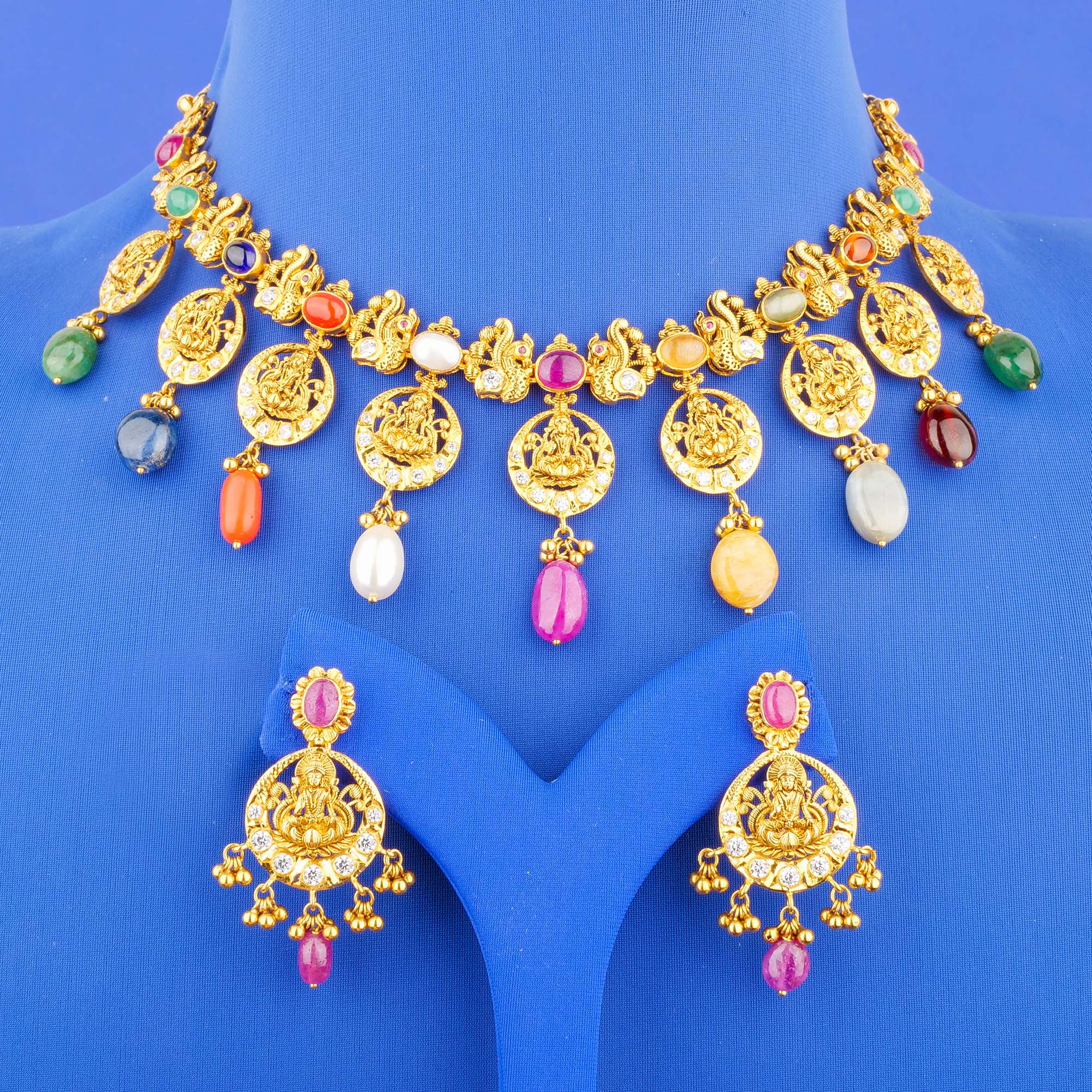 22K 'Antique' Navratna Necklace and Earring Set