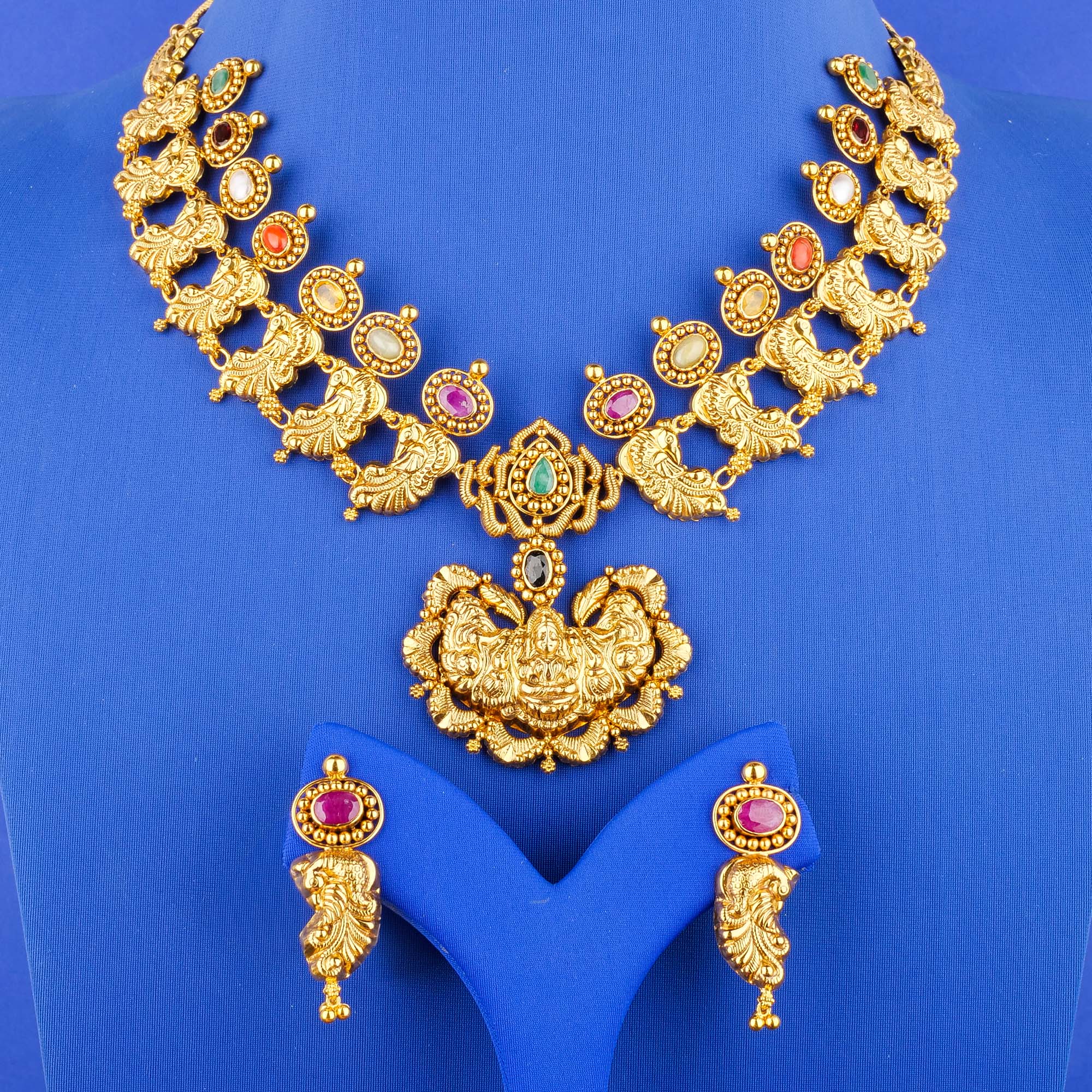 22K 'Antique' Navratna Necklace and Earring Set