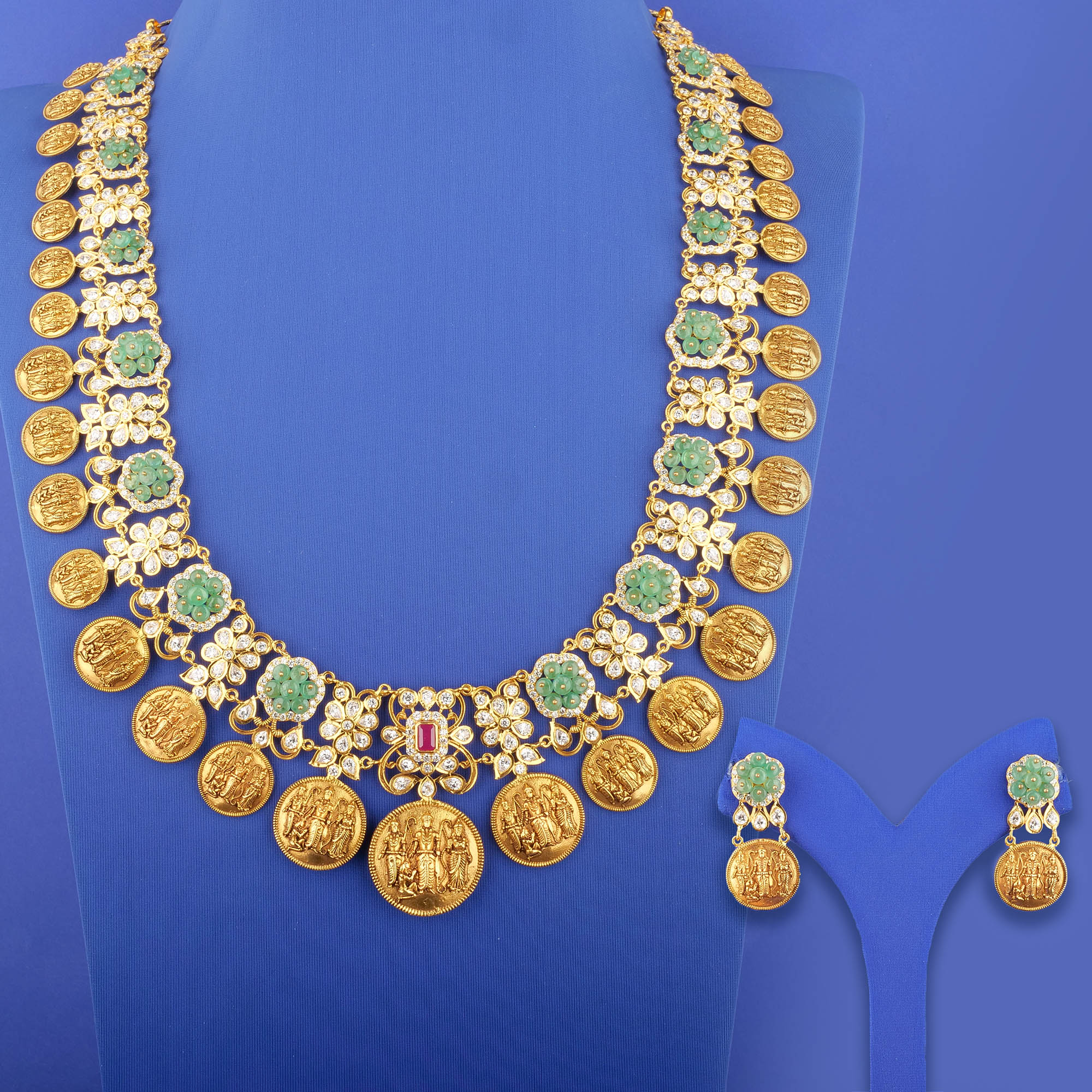 22K 'Antique' 'Ram Parivaar' Ruby Emerald Cubic Zirconia Necklace and Earring Set