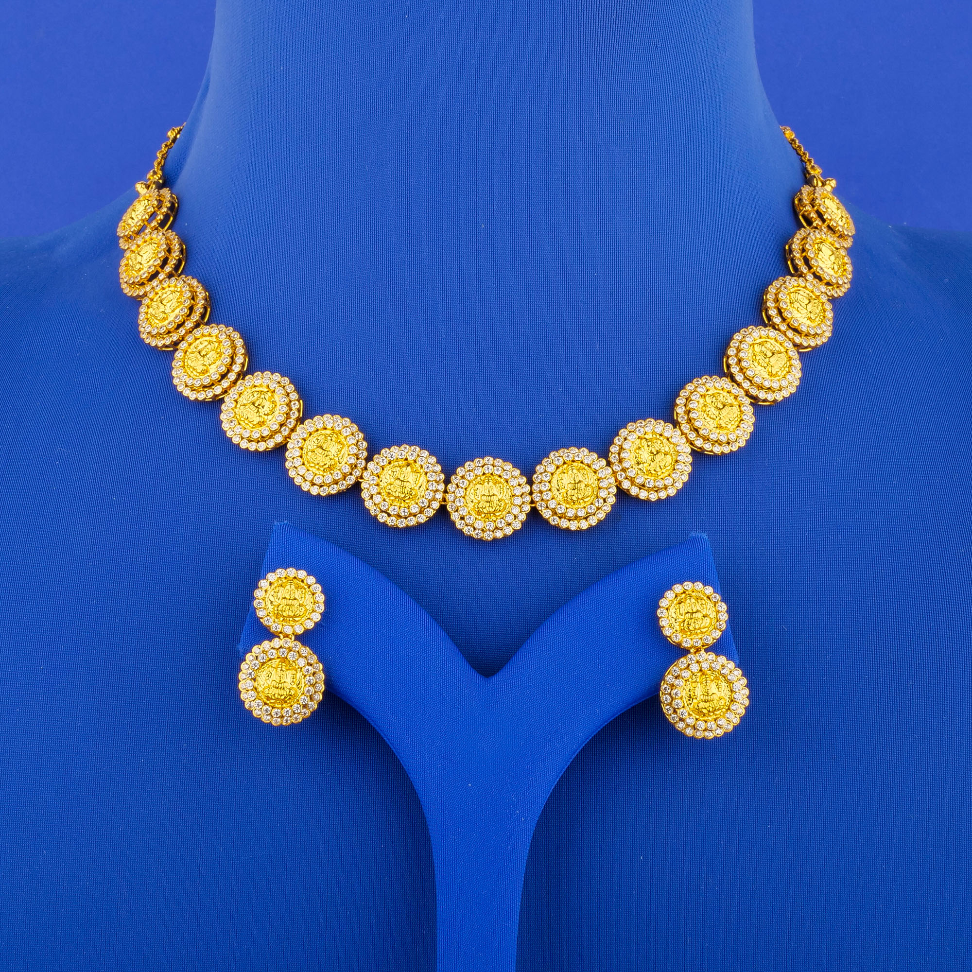 22K 'Antique' 'Lakshmi' Necklace and Earrings Set w/ Cubic Zirconia